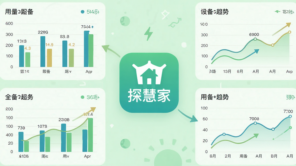 画面展示一个简洁的数据仪表盘界面,中央是“探慧家”应用图标,周围环绕着柱状图和折线图,图表中显示不同设备的用电量对比,背景为浅绿色环保色调,风格为数据可视化扁平插画,细节包括数值标签和趋势箭头,画质高清,干净整洁,无多余元素