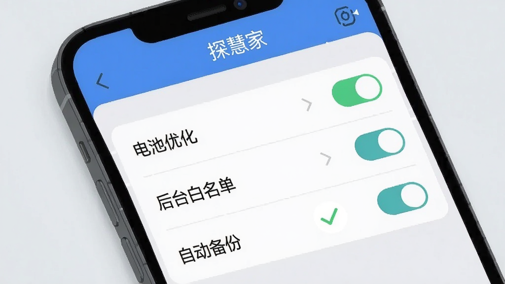 画面展示一部手机屏幕特写,屏幕上显示“探慧家”应用设置界面,界面中有“电池优化”、“后台白名单”、“自动备份”等选项,旁边有一个绿色对勾图标,背景为浅灰色,风格为简洁科技风扁平插画,细节包括设置项的文字标签和开关按钮,画质高清,干净整洁,无多余元素