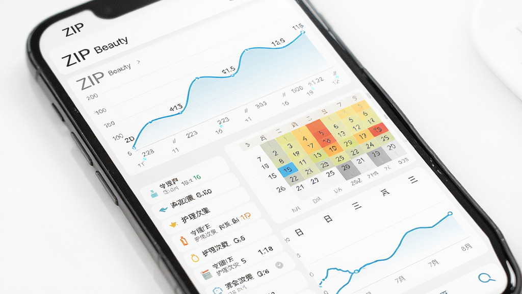 ZIIP Beauty 数据统计页面,主体为手机屏幕显示折线图和日历热力图,布局上方为图表下方为记录列表,排版层次分明,风格为清新数据可视化,细节包含日期标注、护理次数、趋势曲线,画质高清干净无多余元素