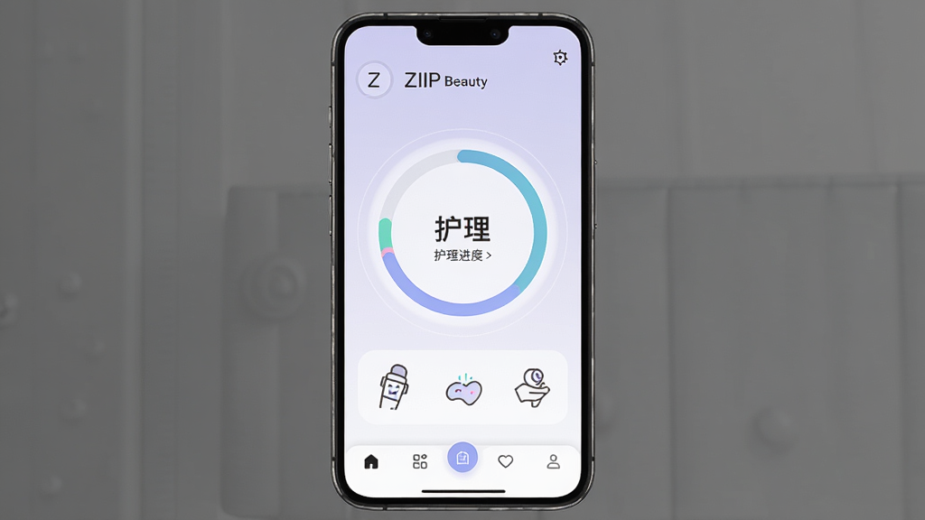 ZIIP Beauty 应用主界面展示,主体为一部智能手机屏幕显示美容仪管理面板,布局中心为设备连接状态与护理进度环,排版上下结构含底部导航栏,风格为现代简约科技感,细节包含淡紫色渐变背景、圆形数据图表、护肤图标,画质高清干净无多余元素