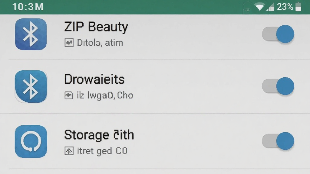 ZIIP Beauty 手机端权限设置界面,主体为安卓系统设置页面展示蓝牙和存储权限开关,布局为列表形式,排版简洁,风格为系统原生界面,细节包含权限名称、开关按钮、应用图标,画质高清干净无多余元素