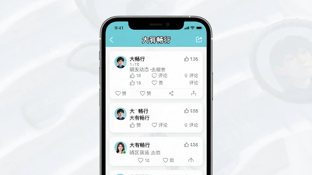 大有畅行 社区互动界面 展示骑友动态和评论 主体为手机屏幕显示社区帖子列表 布局为纵向信息流 排版为顶部导航栏下方卡片式帖子 风格为清新社交 细节包含用户头像 点赞图标 评论数量 画质高清 干净 无多余元素