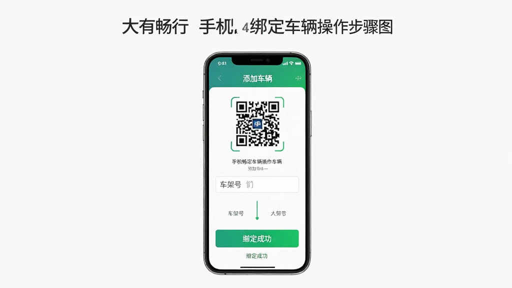 大有畅行 手机绑定车辆操作步骤图 主体为手机屏幕显示添加车辆界面 布局为分步展示 排版为纵向步骤条 风格为简洁教程 细节包含二维码扫描框 车架号输入框 绑定成功提示 画质高清 干净 无多余元素