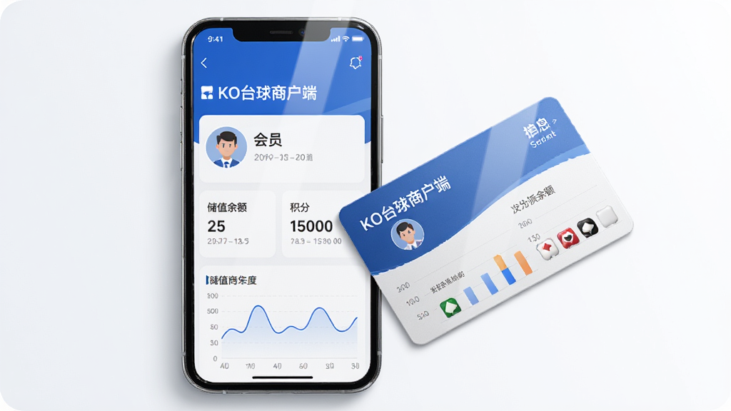 主体为会员卡和手机界面,手机屏幕上显示