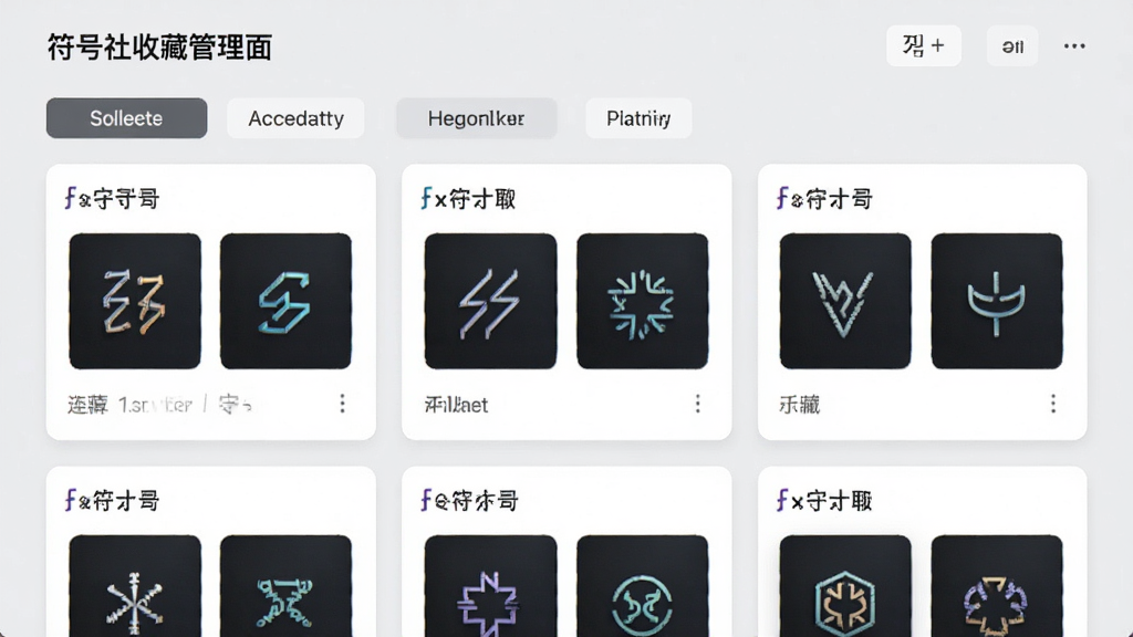 符号社收藏管理界面,画面展示多个收藏夹标签和符号预览缩略图,布局为卡片式排列,背景为浅灰色,风格简洁商务,细节清晰,画质高清,干净无多余元素