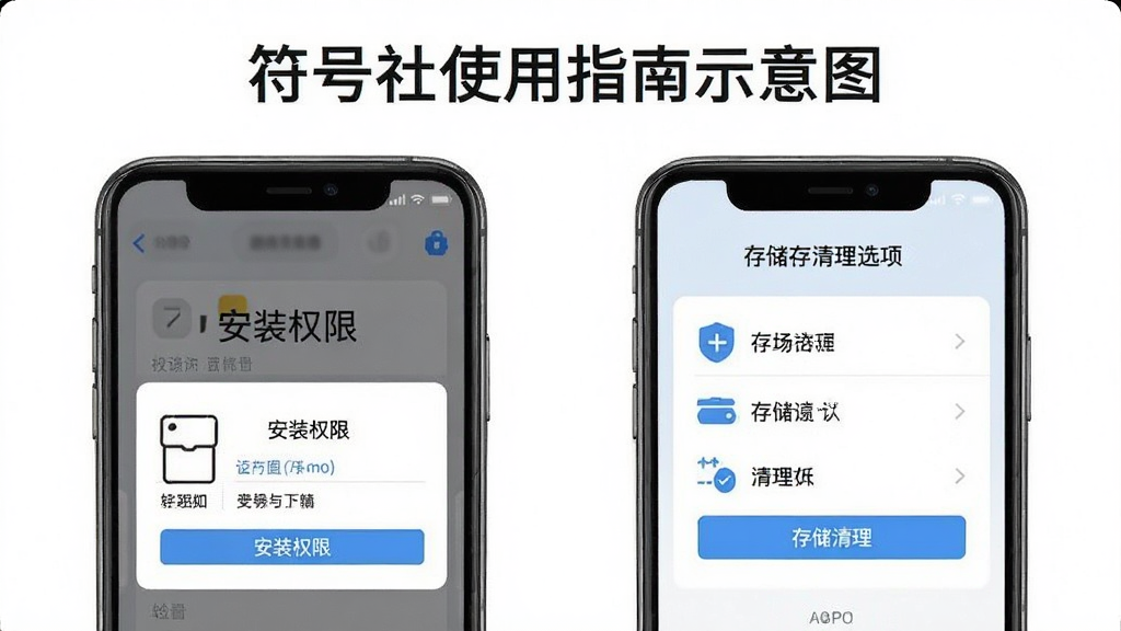 符号社使用指南示意图,画面展示手机屏幕上的安装权限设置界面和存储清理选项,布局清晰,风格简洁直观,细节明确,画质高清,干净无多余元素