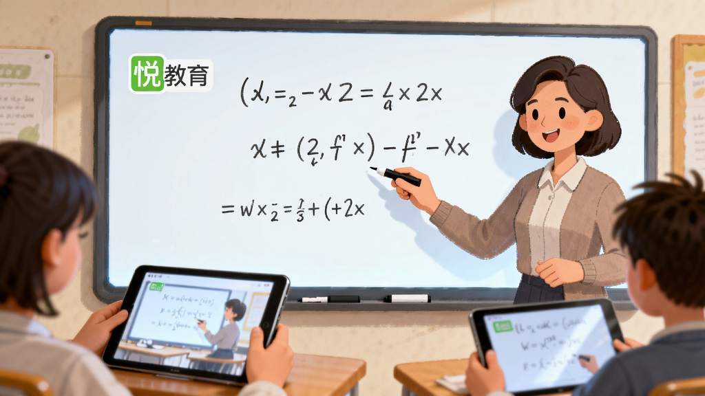 画面主体是一位教师在电子白板前讲解数学题的场景,白板上写有方程式,旁边有悦教育的标志,前景是学生用平板观看课程,布局为左右分栏,风格为温馨教育场景插画,细节包括白板笔迹和屏幕光效,画质高清,画面干净,无多余元素