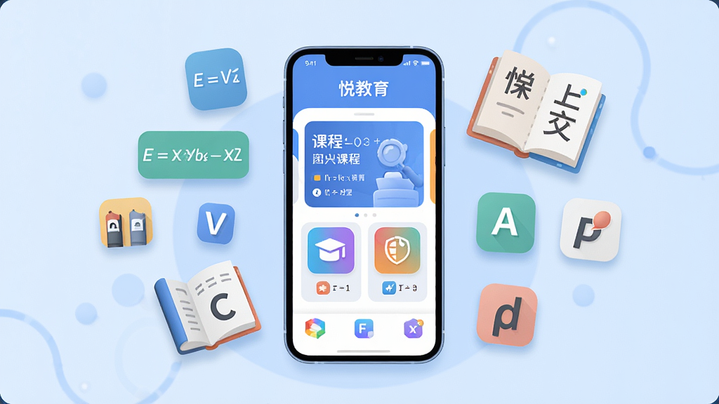 整体画面以在线学习场景为核心,中央放置一部智能手机,屏幕显示悦教育应用界面,界面中有课程卡片和学科图标,手机周围环绕数学公式、语文书本、英语字母等学习元素,背景为柔和的浅蓝色渐变,布局居中对称,排版清晰简洁,风格为现代扁平化科技插画,细节包括圆角图标和细腻阴影,画质高清,画面干净,无多余元素