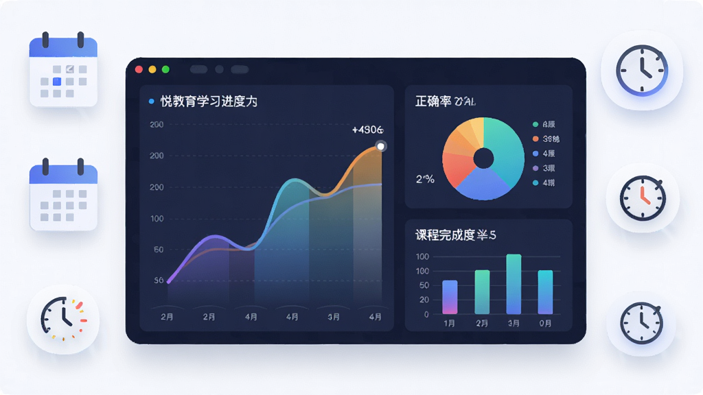 画面中央是一块数据仪表盘,显示悦教育的学习进度曲线、正确率饼图和课程完成度柱状图,仪表盘周围有日历和时间图标,布局为对称式信息图风格,风格为现代数据可视化插画,细节包括渐变色图表和清晰数字,画质高清,画面干净,无多余元素