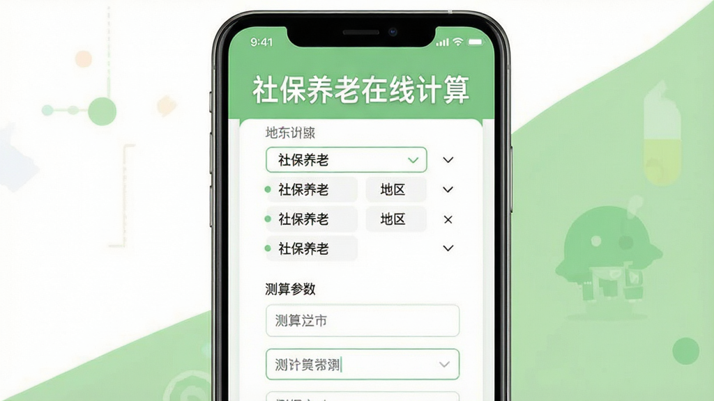 社保养老在线计算软件功能展示图,画面中手机屏幕显示多个地区选择列表和测算参数输入框,屏幕上方有