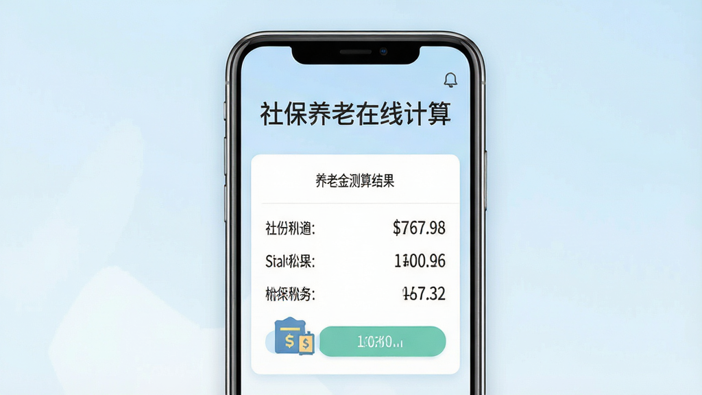 社保养老在线计算软件主界面展示,手机屏幕中央显示养老金测算结果,上方有