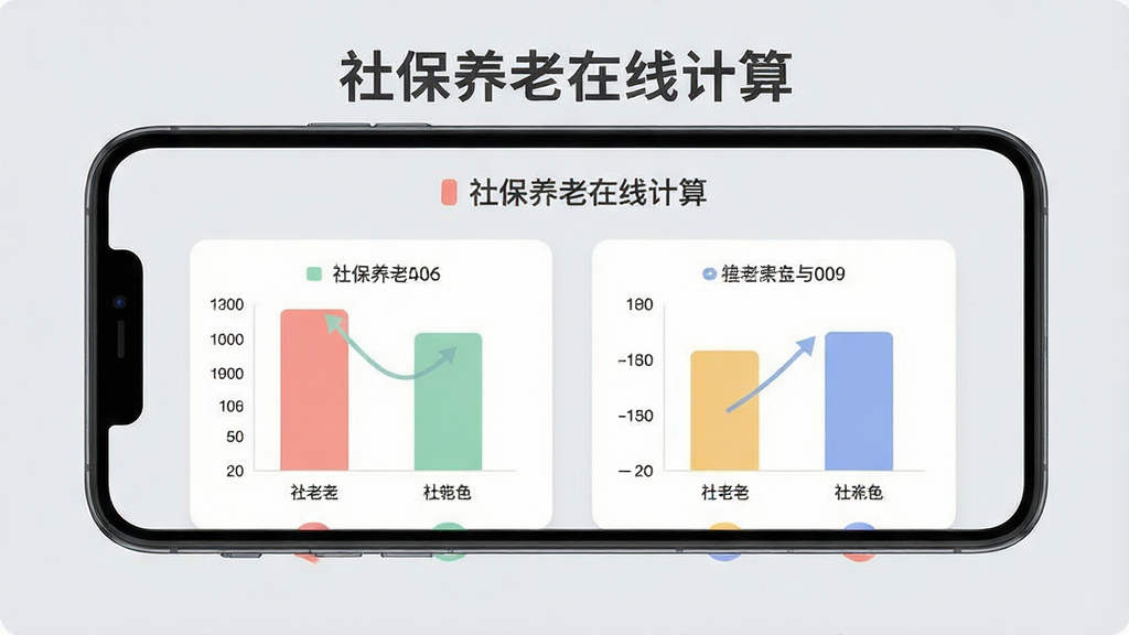 社保养老在线计算软件测算结果对比界面,手机屏幕显示两组养老金数据对比柱状图,上方有