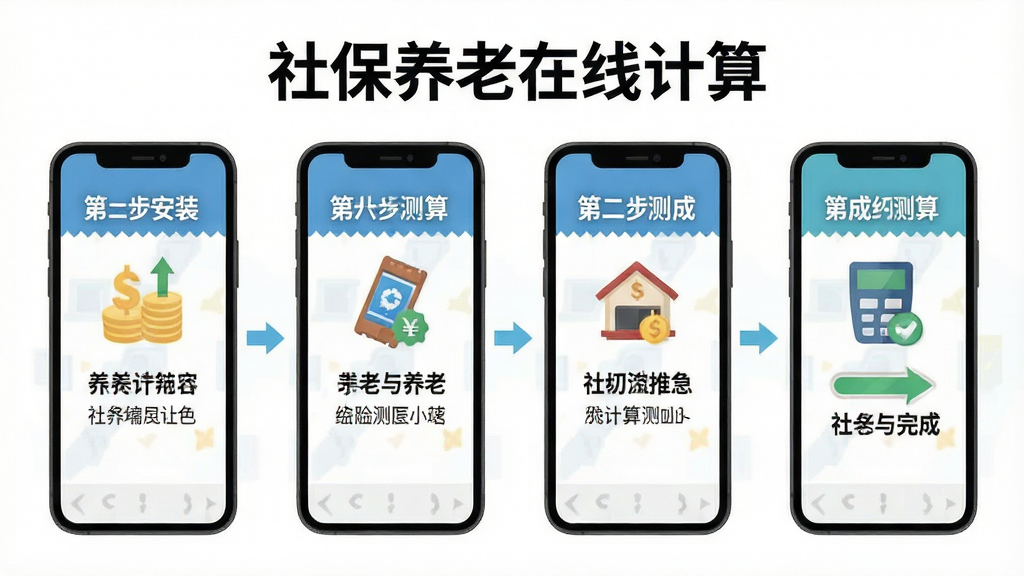 社保养老在线计算软件手机端操作步骤示意图,画面展示手机从安装到测算完成的四个步骤流程,每个步骤配有简洁图标和文字说明,屏幕上方有