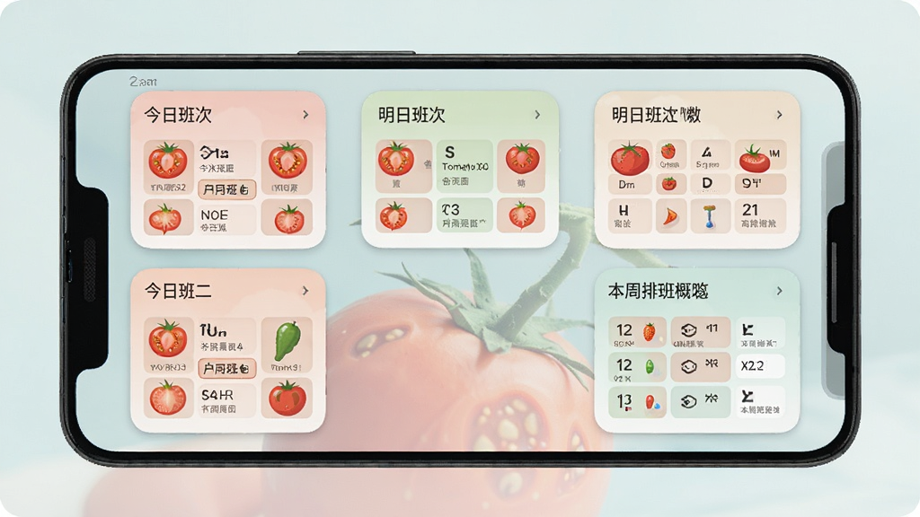 一张展示番茄排班桌面小组件效果的图片,画面中央是一部安卓手机桌面,桌面上放置了多个番茄排班小组件,分别显示今日班次、明日班次和本周排班概览,小组件配色柔和,与桌面壁纸协调搭配,界面风格清新浅色,画质清晰,无多余元素