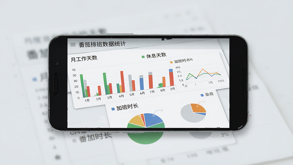 一张展示番茄排班数据统计页面的图片,画面中央是一部安卓手机,屏幕上显示月度工作天数、休息天数、加班时长等统计图表,柱状图和饼图清晰展示数据分布,界面风格简约商务,背景为浅灰色,画质高清,无多余元素