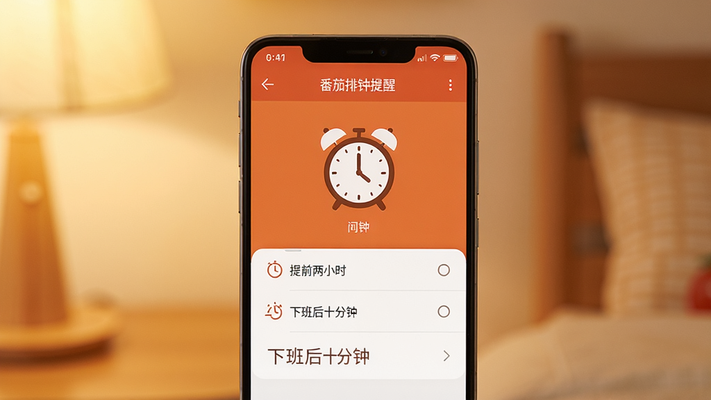 一张展示番茄排班闹钟提醒设置界面的图片,画面中央是一部安卓手机,屏幕上显示闹钟设置页面,有“提前两小时”“下班后十分钟”等提醒选项,闹钟图标醒目,界面风格温暖舒适,背景为柔和暖色调,画质高清,无多余元素
