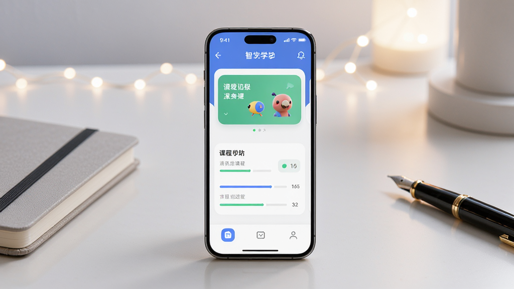 主体为一部智能手机屏幕显示鹦鹉智学APP学习界面,布局为手机居中放置于浅色书桌上,排版为屏幕内展示课程卡片和进度条,风格为现代简约科技风,细节包括桌面有笔记本和钢笔、背景有柔和光晕,画质高清干净无多余元素
