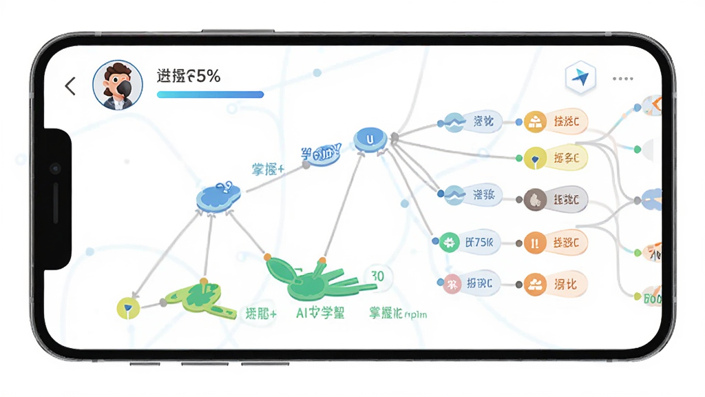 主体为鹦鹉智学APP的AI学习路径规划界面,布局为手机屏幕展示知识图谱树状图,排版为顶部显示用户头像和进度百分比,风格为扁平化教育科技风,细节包括不同颜色节点代表掌握程度、连线清晰,画质高清干净无多余元素