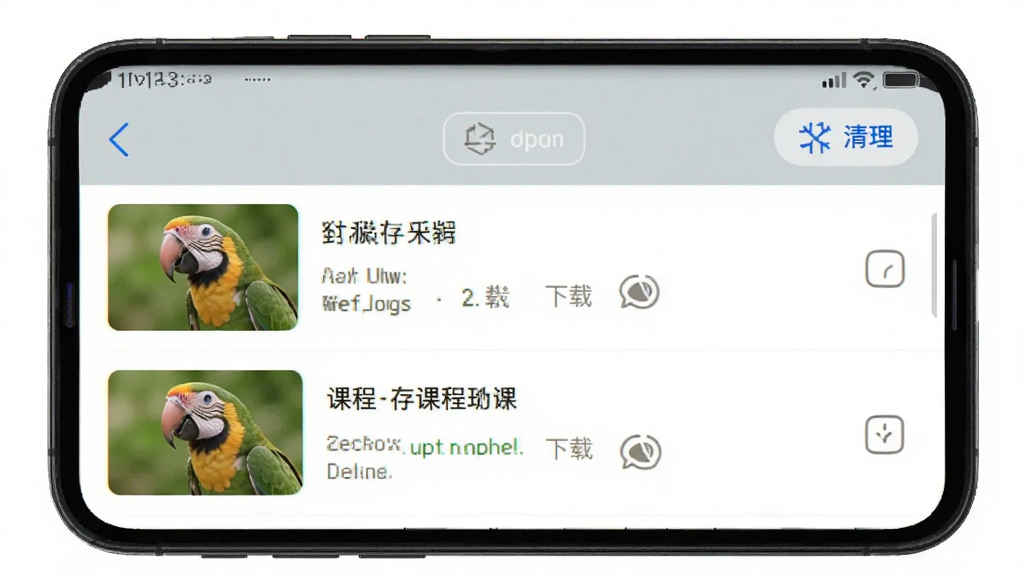 主体为鹦鹉智学APP离线缓存管理界面,布局为手机屏幕显示已缓存课程列表,排版为顶部有清理按钮、中间为课程条目,风格为极简工具风,细节包括每条课程显示大小和下载状态,画质高清干净无多余元素