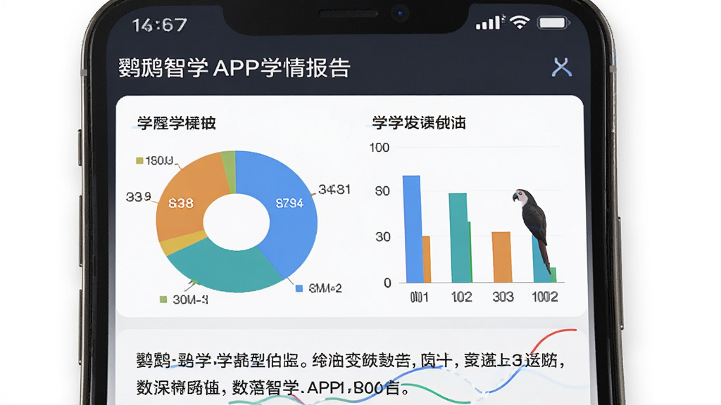 主体为鹦鹉智学APP学情报告页面,布局为手机屏幕展示饼状图和柱状图,排版为上方有周报标题、中间图表、下方有文字总结,风格为数据可视化商务风,细节包括颜色区分学科、数据标注清晰,画质高清干净无多余元素