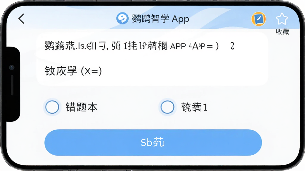 主体为鹦鹉智学APP题库练习界面,布局为手机屏幕显示一道数学题和四个选项,排版为题目在上方、选项在下方、底部有提交按钮,风格为清新学习风,细节包括旁边有错题本图标和收藏图标,画质高清干净无多余元素