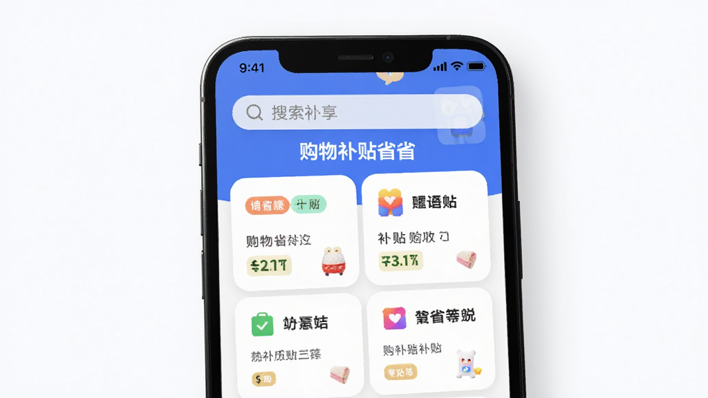 手机屏幕中展示多个购物平台的补贴领取入口聚合页面,画面中央是