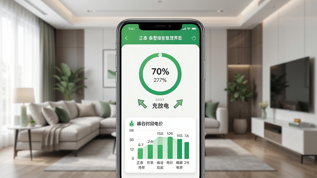正泰-泰墅储能管理界面展示图,画面中央展示一部手机,屏幕显示储能电池充放电状态图,包含电池电量百分比圆环、充放电功率箭头和峰谷时段电价柱状图,背景为现代智能家居客厅场景,布局采用卡片式排版,风格为清新绿色调,细节包含清晰的数值和图标,画质高清,干净,无多余元素
