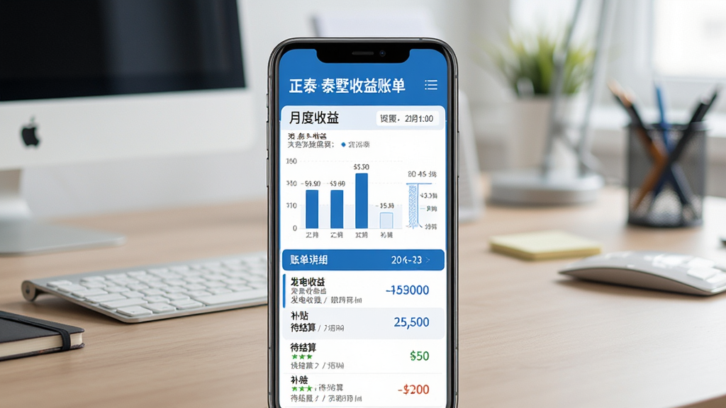 正泰-泰墅收益账单界面展示图,画面中央展示一部手机,屏幕显示月度收益柱状图和账单明细列表,包含“发电收益”“补贴”“待结算”等条目,背景为办公室桌面场景,布局采用上下结构,排版清晰,风格为商务蓝白配色,细节包含清晰的数字和日期,画质高清,干净,无多余元素