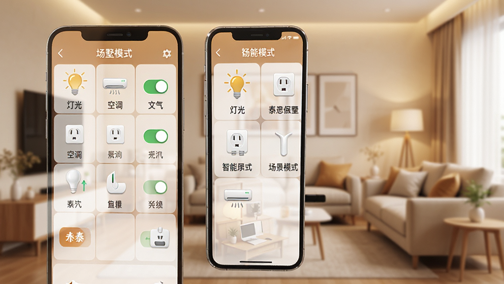 正泰-泰墅智能家居控制界面展示图,画面展示一部手机屏幕显示智能设备列表和场景模式按钮,包含灯光、空调、插座等图标,背景为温馨家庭客厅,布局采用网格排列,排版整洁,风格为暖色调现代简约,细节包含清晰的开关状态和场景标签,画质高清,干净,无多余元素