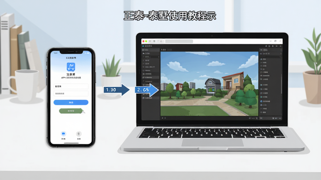 正泰-泰墅使用教程示意图,画面展示一部手机和一台笔记本电脑并排摆放,手机屏幕显示APP登录界面,电脑屏幕显示模拟器运行界面,背景为整洁书桌,布局采用左右对比,排版清晰,风格为扁平化插画,细节包含箭头指示操作步骤,画质高清,干净,无多余元素