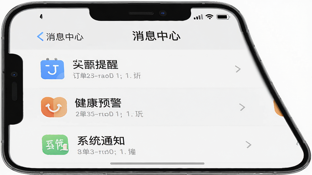 一张手机界面展示图,画面中“爱加运营”APP显示消息通知列表页面,顶部标题为“消息中心”,列表内包含订单提醒、健康预警、系统通知等条目,每条消息左侧配有对应图标,背景为浅灰色,界面整洁,布局清晰,画质干净,无多余元素