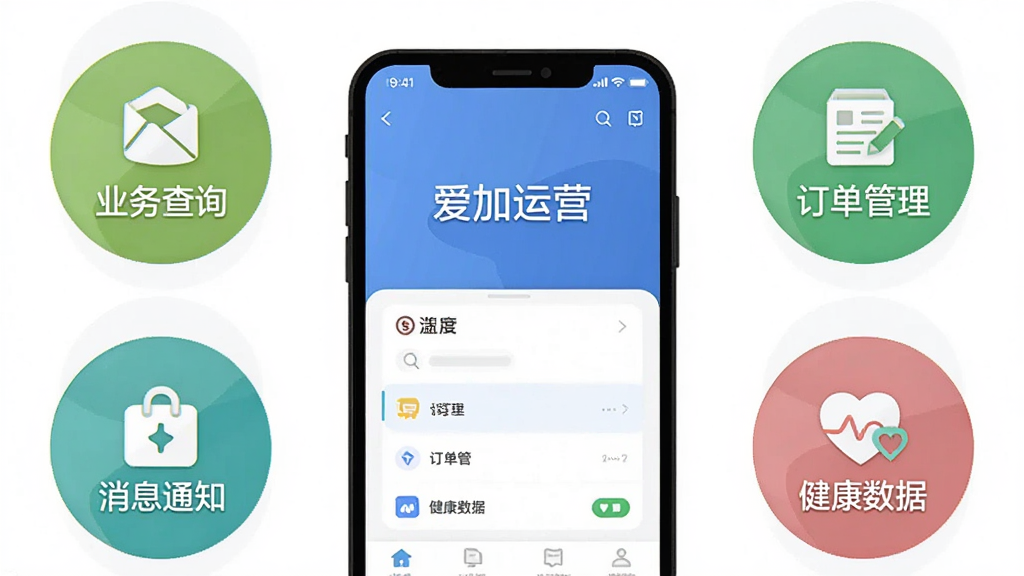 一张扁平化风格插图,画面中一部手机屏幕显示“爱加运营”应用界面,屏幕周围环绕业务查询、订单管理、健康数据、消息通知四个圆形图标,背景为白色,风格简约现代,布局居中,细节清晰,画质干净,无多余元素