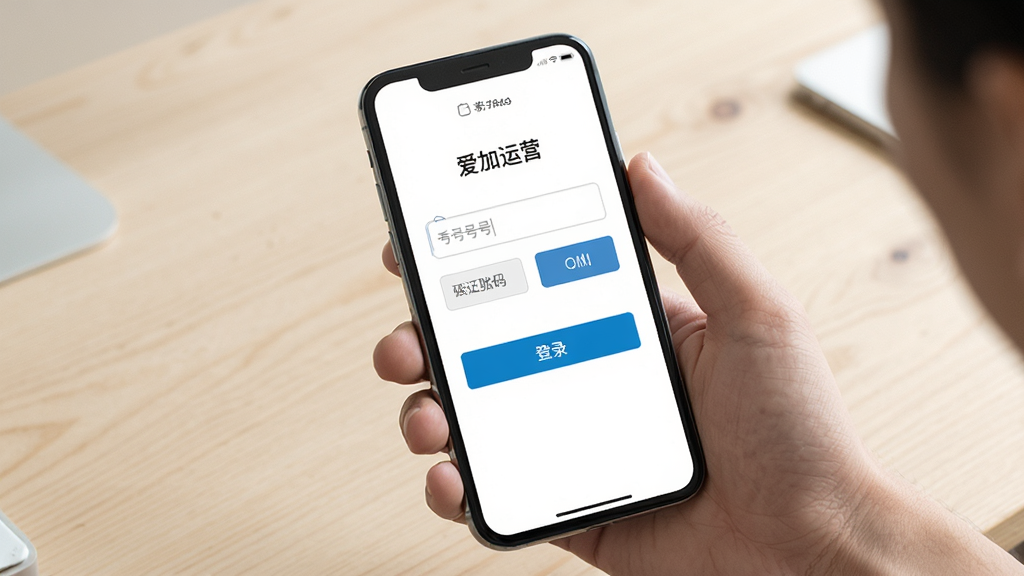 一张手机应用操作示意图,画面中一只手拿着手机,手机屏幕显示“爱加运营”APP的登录界面,界面上方有手机号输入框和验证码按钮,下方为登录按钮,背景为浅色桌面,风格写实,细节清晰,画质干净,无多余元素