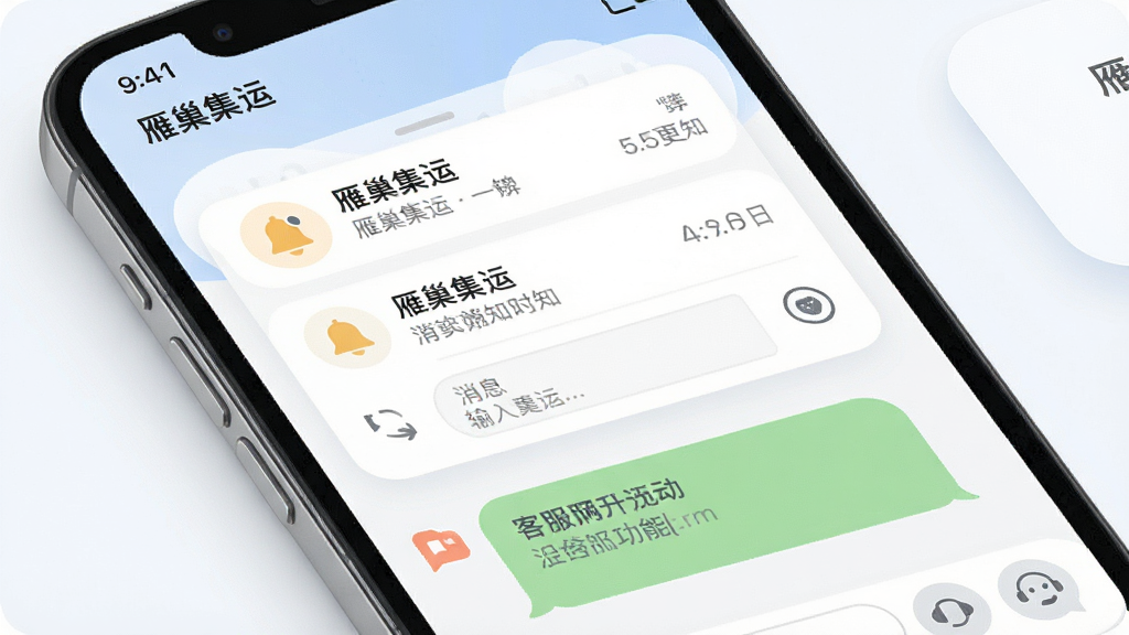 一张表现“雁巢集运”消息通知与客服功能的手机界面图,主体为手机屏幕,布局上方为通知列表,下方为客服对话气泡,排版整齐,风格为柔和圆角卡片式设计,细节包括“雁巢集运”文字、铃铛图标、消息条目、输入框,画质高清,干净,无多余元素