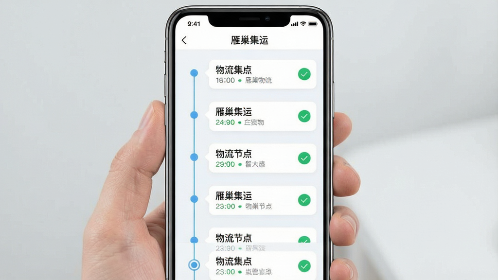一张展示“雁巢集运”物流轨迹同步功能的界面截图风格图片,主体为手机屏幕,布局为纵向时间轴,排版为左侧圆点与竖线连接,右侧显示物流节点文字,风格为清爽浅色UI,细节包括顶部“雁巢集运”标题、多个物流状态条目、绿色完成标记,画质清晰,干净,无多余元素