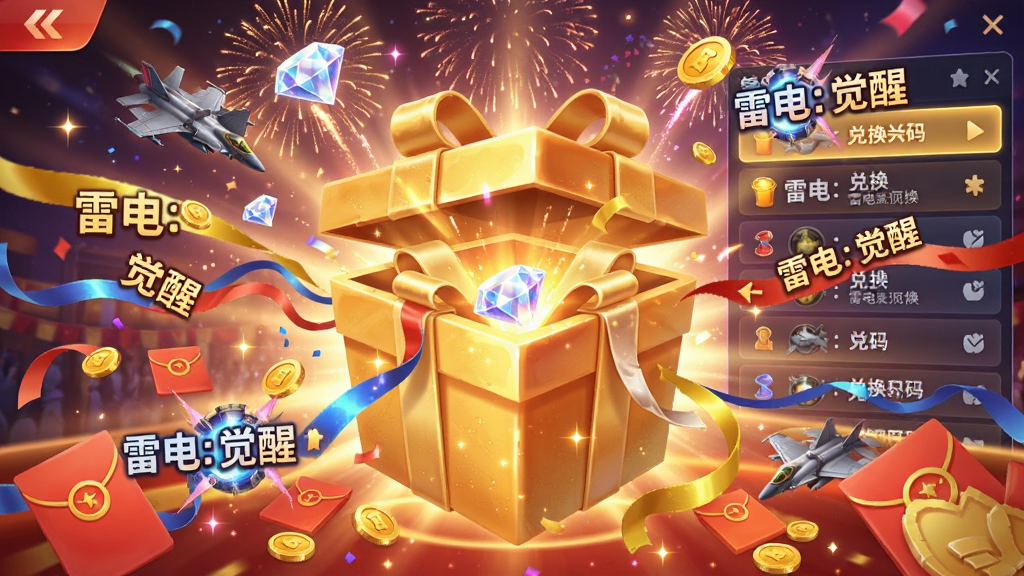 画面是一个节日庆典风格的奖励界面,中央是一个巨大的金色礼盒正在打开,周围飘散着钻石、金币、战机碎片与