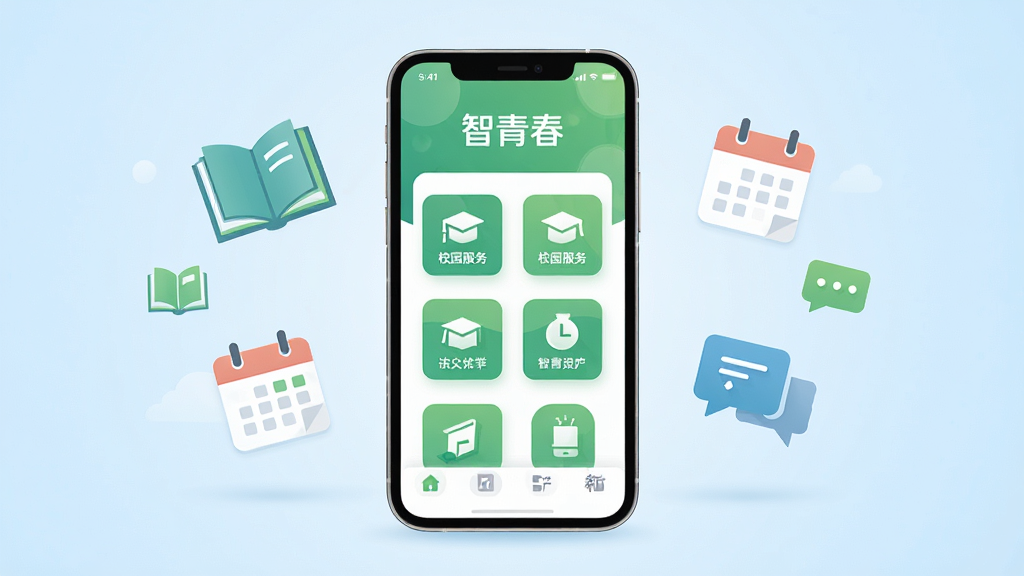 画面中央放置一部智能手机,屏幕显示“智青春”应用首页,界面包含校园服务图标与清新绿色调;手机两侧漂浮书本、日历、对话气泡等简约图标;背景为浅蓝色渐变,风格扁平清爽,细节干净,画质高清,无多余元素