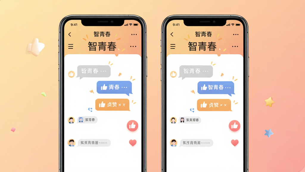 两部手机并排展示“智青春”互动社区页面,屏幕中有对话气泡和点赞图标;背景为柔和暖色渐变,风格活泼年轻,排版对称,细节干净,画质清晰,画面文字为“智青春”