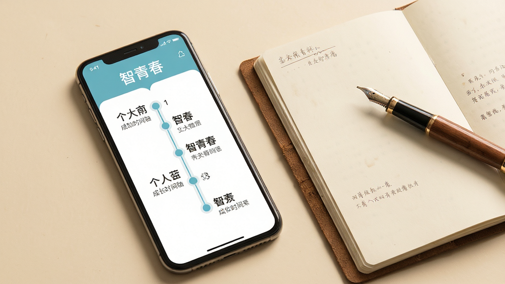 手机屏幕显示“智青春”个人成长时间轴页面,节点清晰;手机旁有一本翻开的日记本和一支钢笔;背景为浅米色,风格温暖文艺,细节精致,画质高清,界面文字为“智青春”