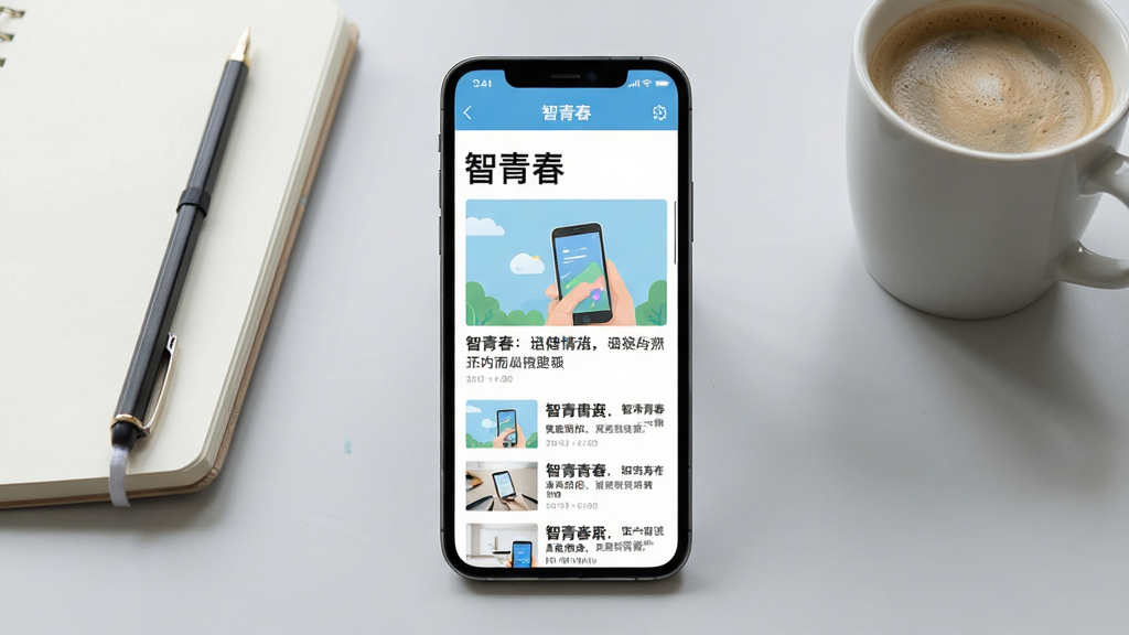 一部手机屏幕展示“智青春”资讯列表页面,标题清晰,配图简洁;背景为淡灰色书桌场景,旁边放有笔记本和咖啡杯;整体风格明亮写实,排版整齐,画质细腻干净,画面中文字为“智青春”
