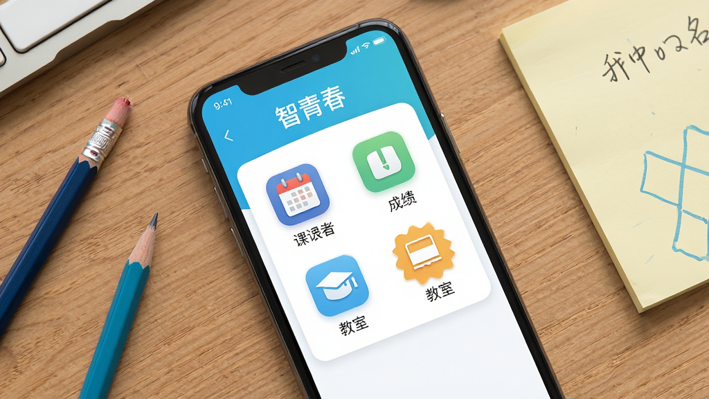 手机界面展示“智青春”工具面板,包含课表、成绩、教室等图标;画面采用俯视角度,手机平放在木质桌面,周围有铅笔和便签;风格清新简约,细节丰富,画质高清,界面文字为“智青春”