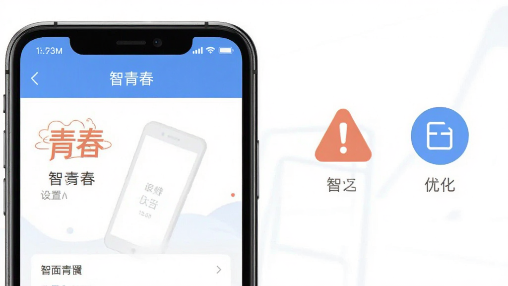 手机屏幕显示“智青春”设置页面,旁边有警示图标和优化图标;背景为简洁白色,风格说明性插图,排版清晰,细节干净,画质高清,画面文字为“智青春”