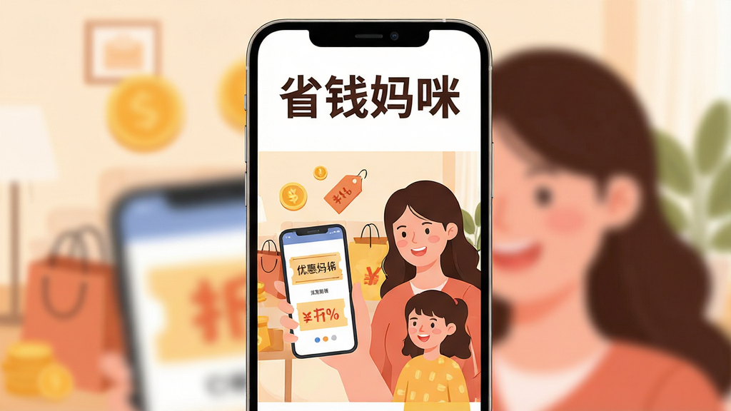 手机屏幕中央展示一个温馨家庭购物场景,一位年轻妈妈拿着手机微笑,手机屏幕上显示优惠券和折扣图标,背景是柔和的暖色调客厅,画面布局为竖版手机海报风格,排版上方留白放置文字区域,风格为现代扁平插画,细节包括购物袋、金币、折扣标签等元素,文字标注“省钱妈咪”,画质高清,画面干净,无多余元素