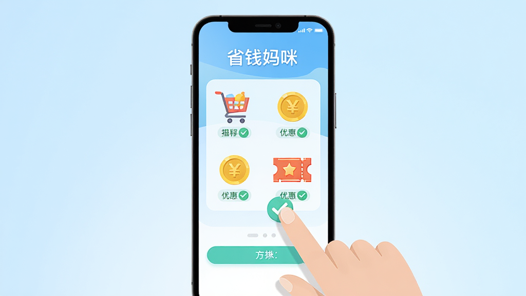 手机屏幕展示省钱妈咪应用界面,界面上有购物车、金币、优惠券图标,一只手正在点击屏幕,背景为浅蓝色渐变,布局为竖版海报,风格为清新扁平设计,细节包括提示标签、对勾符号,文字标注“省钱妈咪”,画质高清,画面干净,无多余元素