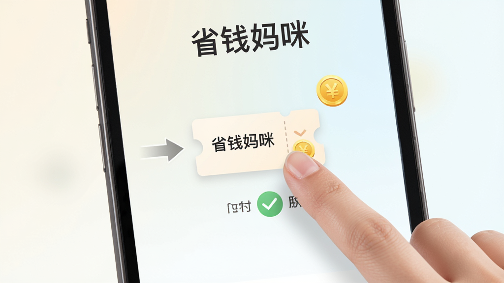 手机界面展示简洁的操作流程,一只手点击屏幕上的优惠券图标,背景为浅色渐变,布局为居中构图,风格为清新简约,细节包括箭头指引、对勾图标、金币元素,文字标注“省钱妈咪”,画质高清,画面干净,无多余元素
