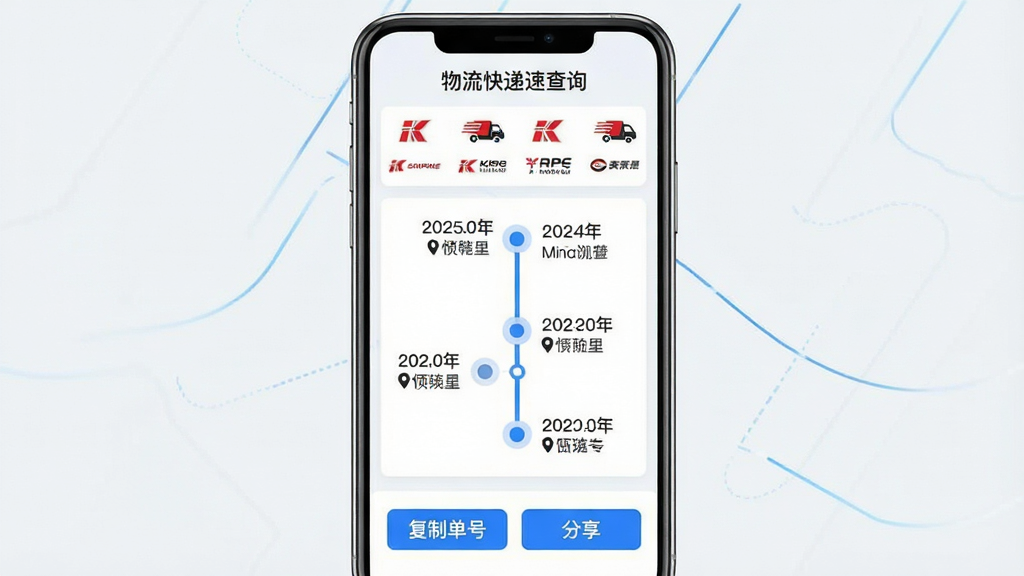画面中央是一部智能手机,手机屏幕显示“物流快递速查询”的查询结果页面,页面上方是快递公司标志集合,中间是一条由多个节点组成的物流时间轴,每个节点旁有日期和地点文字,底部有“复制单号”和“分享”按钮,整体采用浅色背景与蓝色高亮线条,风格现代简约,细节清晰,画质干净,无多余装饰元素