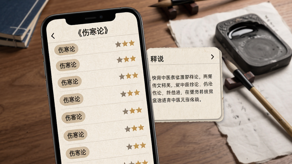 快背中医条文分类界面,手机屏幕中显示《伤寒论》条文列表,每一条都有标签和星级标记,旁边有展开的释义卡片,背景是书桌与笔墨纸砚,风格写实学习场景,细节包括纸张纹理和字体排版,画质清晰,干净,无多余元素