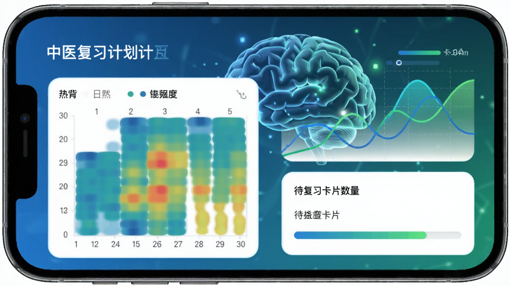 快背中医复习计划页面,手机屏幕显示日历热力图与待复习卡片数量,界面以蓝色和绿色为主色调,背景是抽象的大脑与记忆曲线图形,风格科技简约,细节包括数据图表和进度条,画质高清,干净,无多余元素