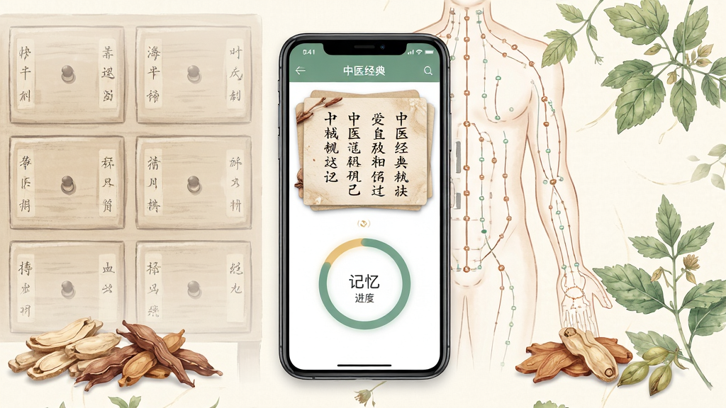 快背中医软件主界面全景展示,画面中央是手机屏幕,屏幕内显示中医经典条文卡片与记忆进度环,背景为淡雅的中药柜与草本植物插画,布局采用居中构图,风格清新国风,细节包括药材纹理、经络线条装饰,画质高清,干净,无多余元素