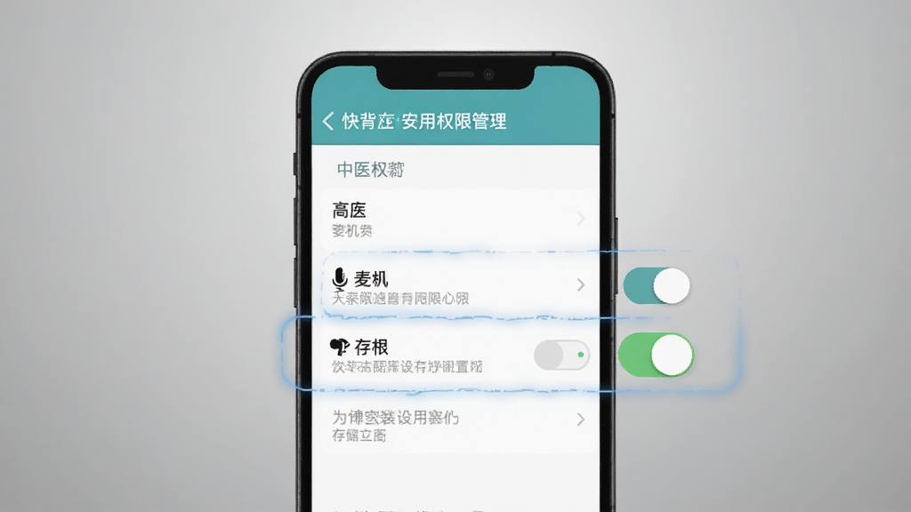 快背中医安装权限设置示意图,手机屏幕显示应用权限管理页面,高亮标注麦克风与存储权限开关,背景是简洁的灰色渐变,风格扁平化,细节包括开关按钮和文字说明,画质清晰,干净,无多余元素